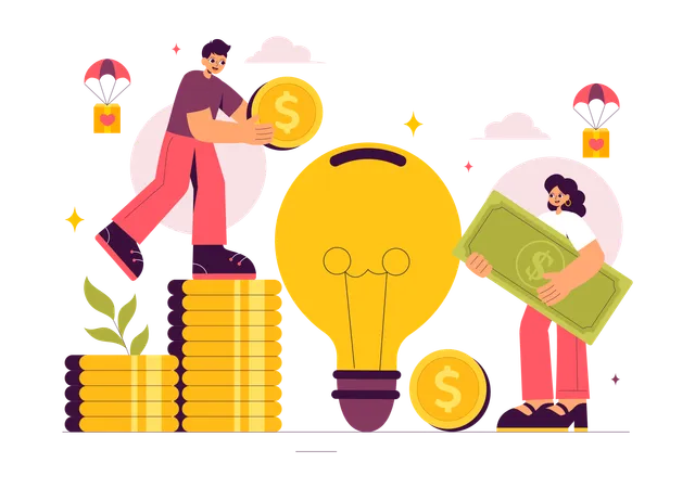 Man and woman holding money while having donation idea  Illustration