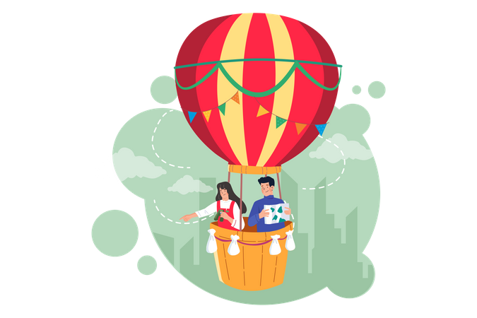 Man And Woman In A Hot Air Balloon Illustration