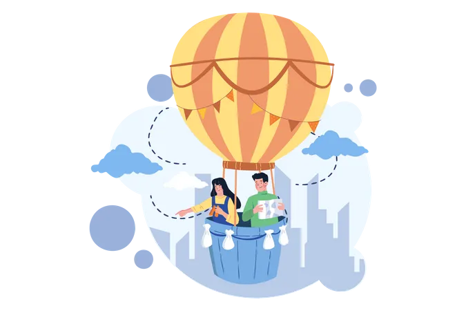 Man And Woman In A Hot Air Balloon  Illustration