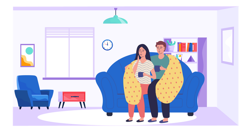 Man and woman in blanket drink tea on self-isolation at home Illustration