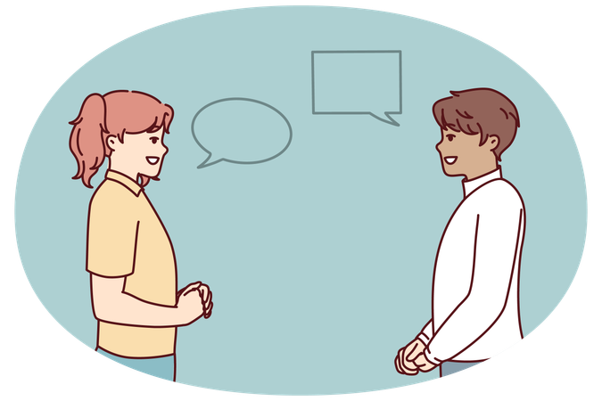 Man and woman in casual clothes with talking bubbles discussing plans for weekend  Illustration