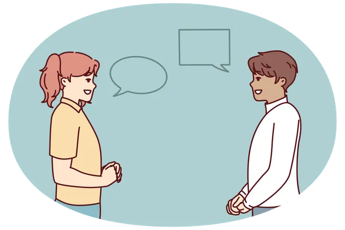 Man and woman in casual clothes with talking bubbles discussing plans for weekend  Illustration