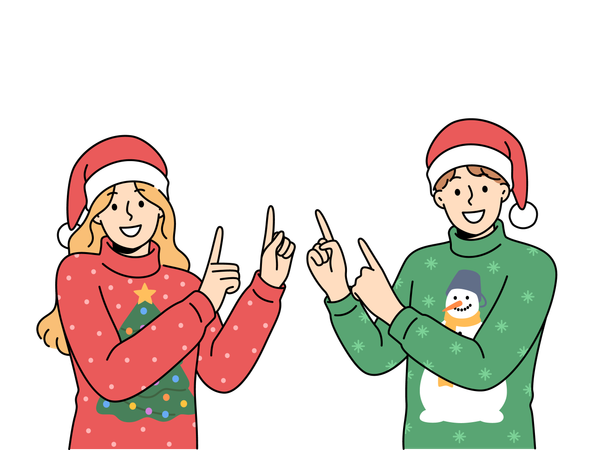 Man and woman in christmas sweaters point fingers upward to visit new year sale  Illustration