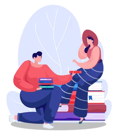 Man and woman in library Illustration