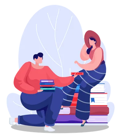 Man and woman in library  Illustration