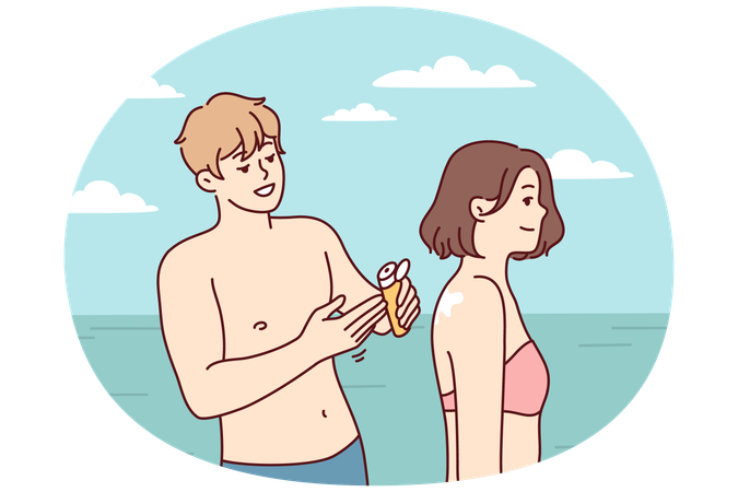 수영복을 입은 남자와 여자가 바다 근처의 햇살 가득한 해변에서 휴식을 취하고 있습니다.  일러스트레이션