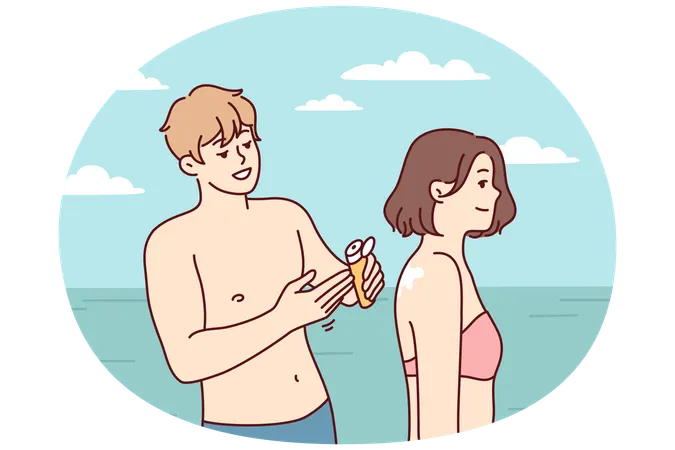 수영복을 입은 남자와 여자가 바다 근처의 햇살 가득한 해변에서 휴식을 취하고 있습니다.  일러스트레이션