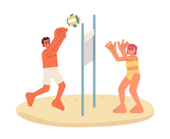 Beach Volleyball Flat Vector Spot Illustration Man And Woman In Swimsuit Playing With Ball Over Net 2 D Cartoon Characters On White For Web UI Design Summer Game Isolated Editable Creative Hero Image Illustration