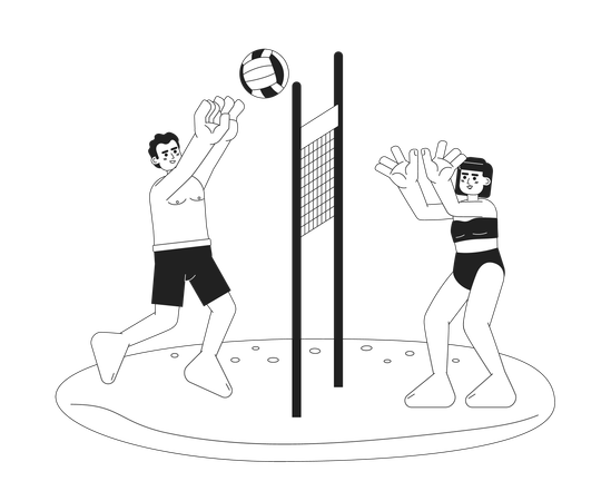 Man and woman in swimsuit playing with ball over net  イラスト