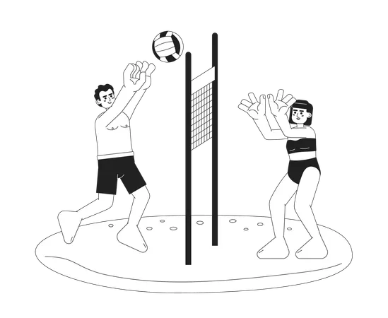Beach Volleyball Monochrome Vector Spot Illustration Man And Woman In Swimsuit Playing With Ball Over Net 2 D Flat Bw Cartoon Characters For Web UI Design Isolated Editable Hand Drawn Hero Image Illustration