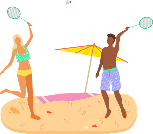 Man and Woman in Swimsuits playing Badminton Game on Beach  Illustration