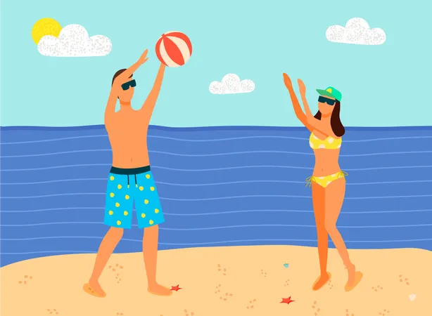 Man And Woman In Swimsuit Playing Inflatable Ball Outdoors On Summer Beach With Sea View Vector Man And Woman Having Fun Volleyball Sport Activity Recreation At Summertime Illustration