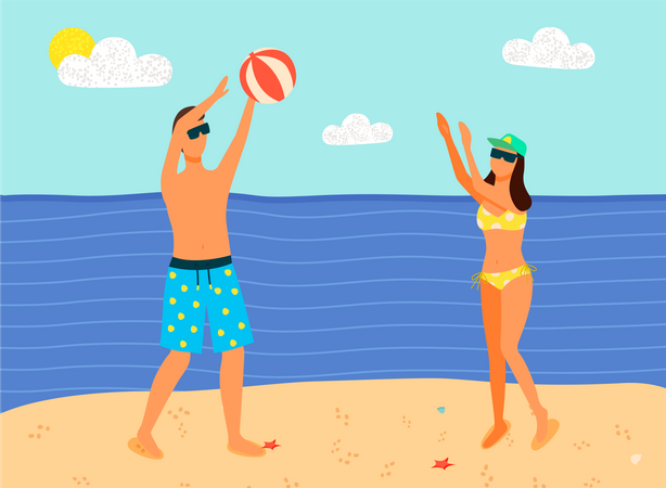 Man and Woman in Swimsuits Playing Inflatable Ball  Illustration