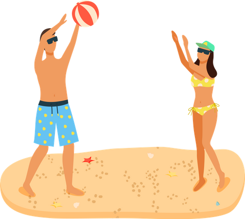 Man and Woman in Swimsuits Playing Inflatable Ball  Illustration