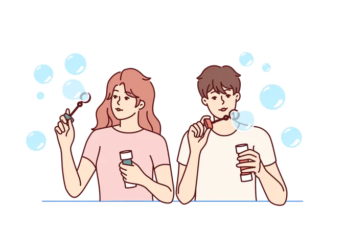 Man And Woman Inflate Soap Bubbles And Have Fun In Free Time Enjoying Pastime Together Couple Of Casual Teenagers With Soap Bubbles In Hands Playing And Refusing To Do Useful Things Illustration