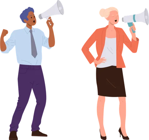 Man and woman influencer announcing in loudspeaker  Illustration
