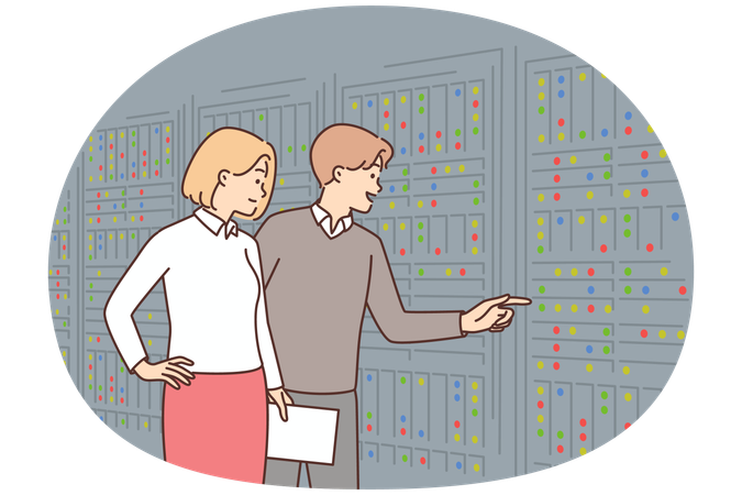 Man and woman inspect server equipment choosing place to store and process big data  Illustration