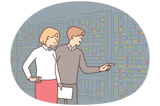 Man and woman inspect server equipment choosing place to store and process big data  Illustration
