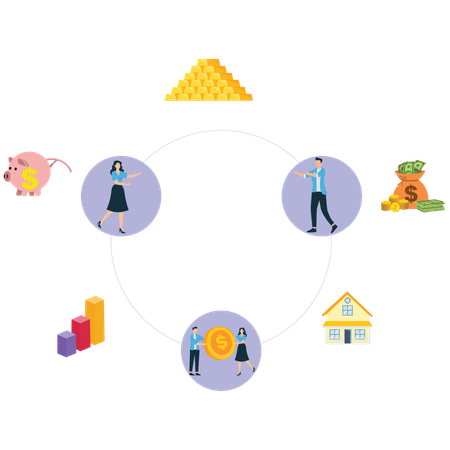 Man and woman investing money in various asset  Illustration