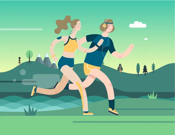 Runners Runners In The Park Flat Vector Concept Illustration Of Young Man And Woman With Headphones Sporting Equipment Healthy Activity Green Park Trees Hills And A Lake Landscape At Dawn Illustration