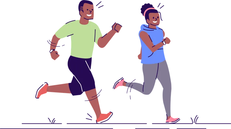Man And Woman On Running Training Flat Vector Illustration Sport Activity Jogging Couple Sprinting African American Boy Girl Isolated Cartoon Characters With Outline Elements On White Background Illustration