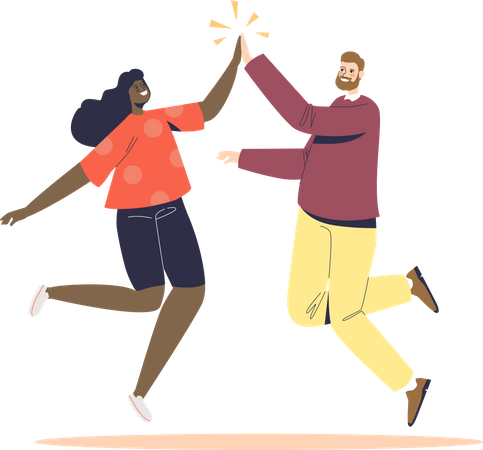 Man and woman jumping up giving high five  Illustration