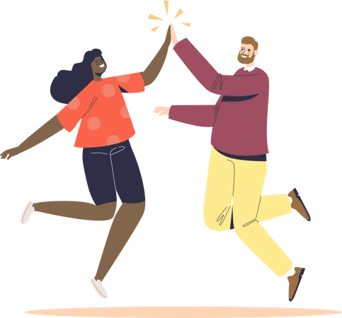 Man and woman jumping up giving high five  Illustration