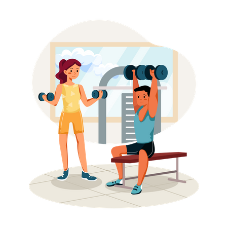 Man and woman lifting weights in gym  Illustration