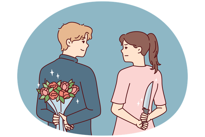 Man and woman look into eyes holding knife and flowers behind their backs  Illustration