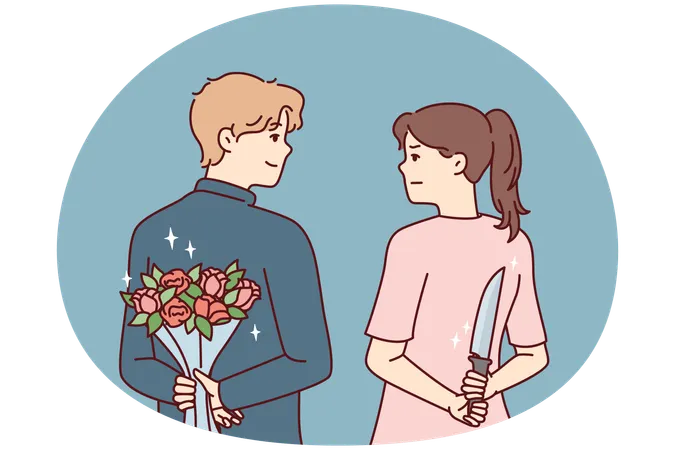 Man and woman look into eyes holding knife and flowers behind their backs  Illustration