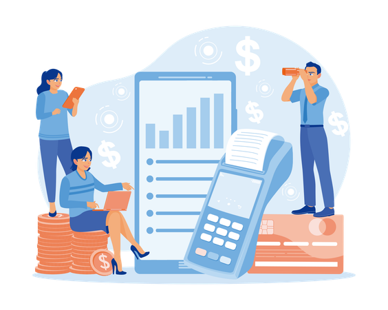 Man and woman looking EDC displays transaction data  Illustration