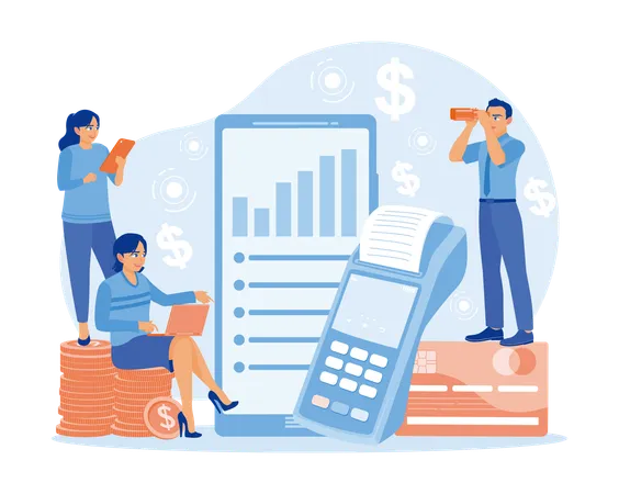 Man and woman looking EDC displays transaction data  Illustration