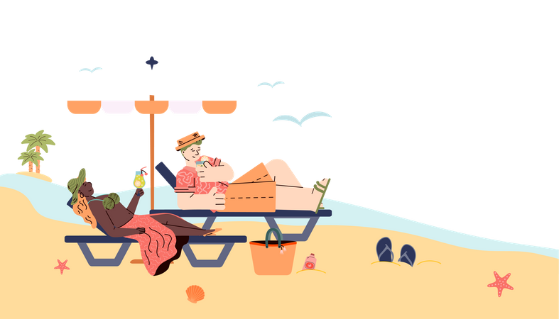 Man and woman lying on beach lounger and drinking cocktail Illustration
