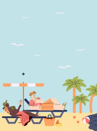 Man and woman lying on beach lounger and drinking cocktail  Illustration