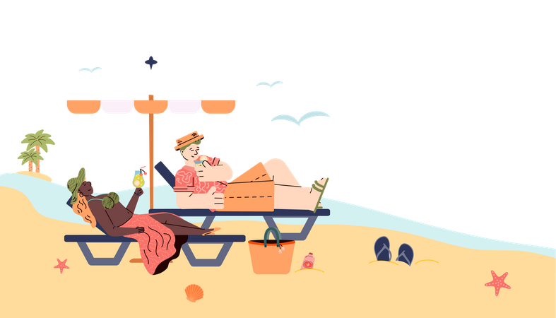 Man and woman lying on beach lounger and drinking cocktail  Illustration