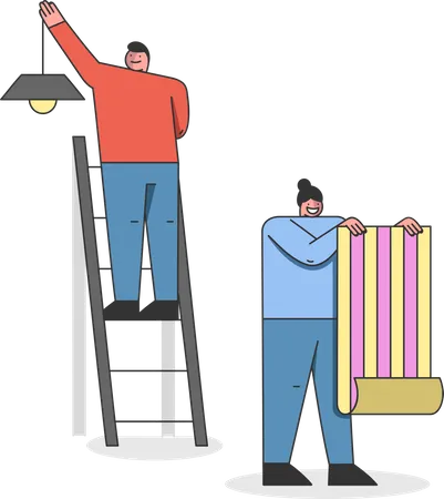 Home Repair Concept Man And Woman Make A Repair Of A House Characters Hang Wallpaper Install Ceiling Light Professional Construction Workers With Tools Cartoon Linear Outline Vector Illustration Illustration