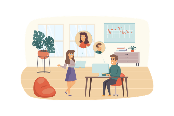 Man and woman make video calls in office  Illustration