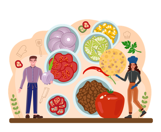 Man and woman making Mexican food  Illustration