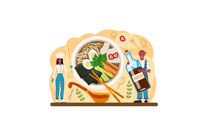 Man and woman making Ramen noodles  イラスト