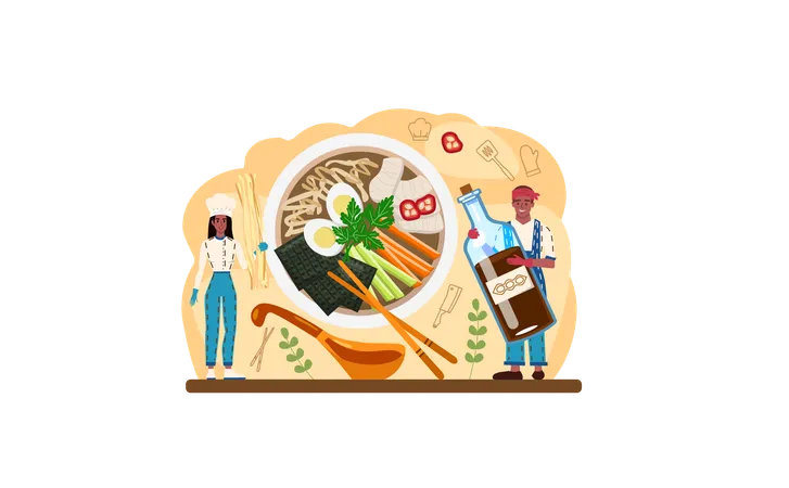 Man and woman making Ramen noodles  イラスト
