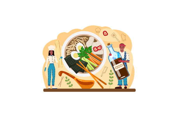Man and woman making Ramen noodles  Ilustración