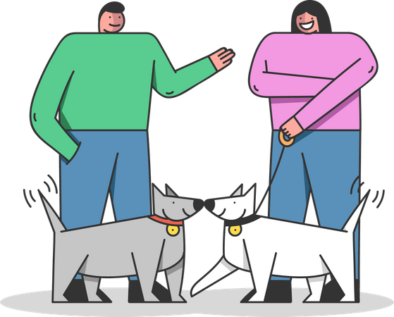 Man and woman meeting while pets meeting each other  Illustration