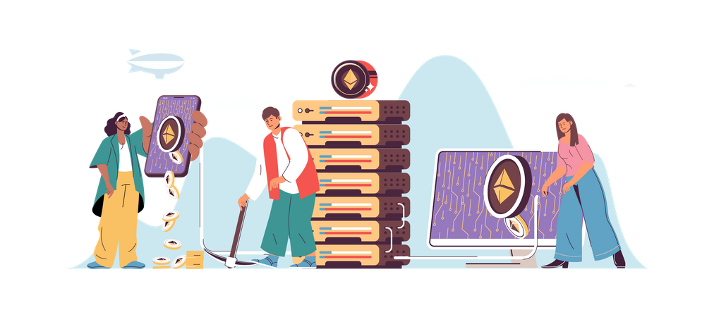 Man and woman mining cryptocurrencies  Illustration