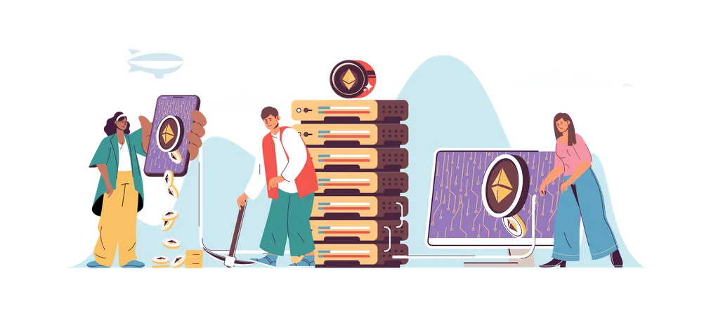 Man and woman mining cryptocurrencies  Illustration