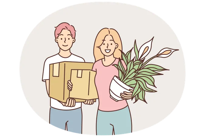 男女が住宅ローンを組んで不動産を購入し、一緒に新居に引っ越す  イラスト