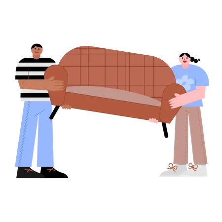 Man And Woman Moving Couch Vector Illustration In Flat Color Design Illustration