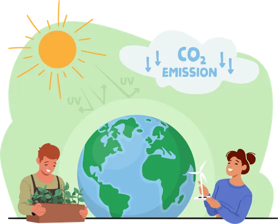 Ecological Issues Global Warming Environment Care Day Of Earth Concept Man And Woman Near Earth Globe With Tree Sprouts And Windmill In Hands Volunteers Saving Nature Cartoon Vector Illustration Illustration