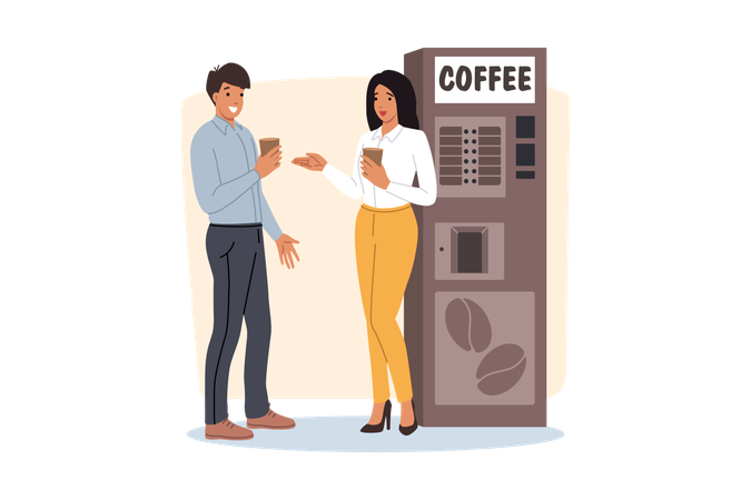 Man and woman office employees are talking standing at coffee machine  Illustration