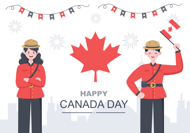 Man and woman officer celebrating Canada Day Illustration
