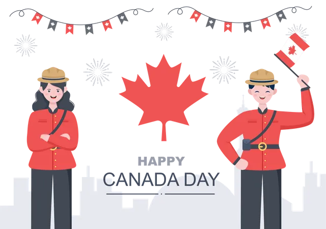 Man and woman officer celebrating Canada Day Illustration